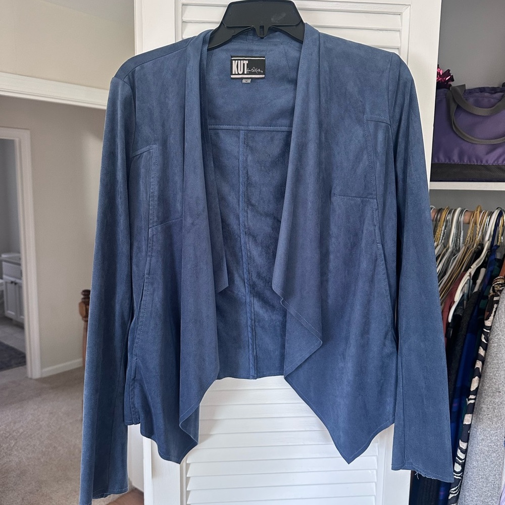 Kut from the Kloth Navy Suede-Look Open Front Draped Blazer